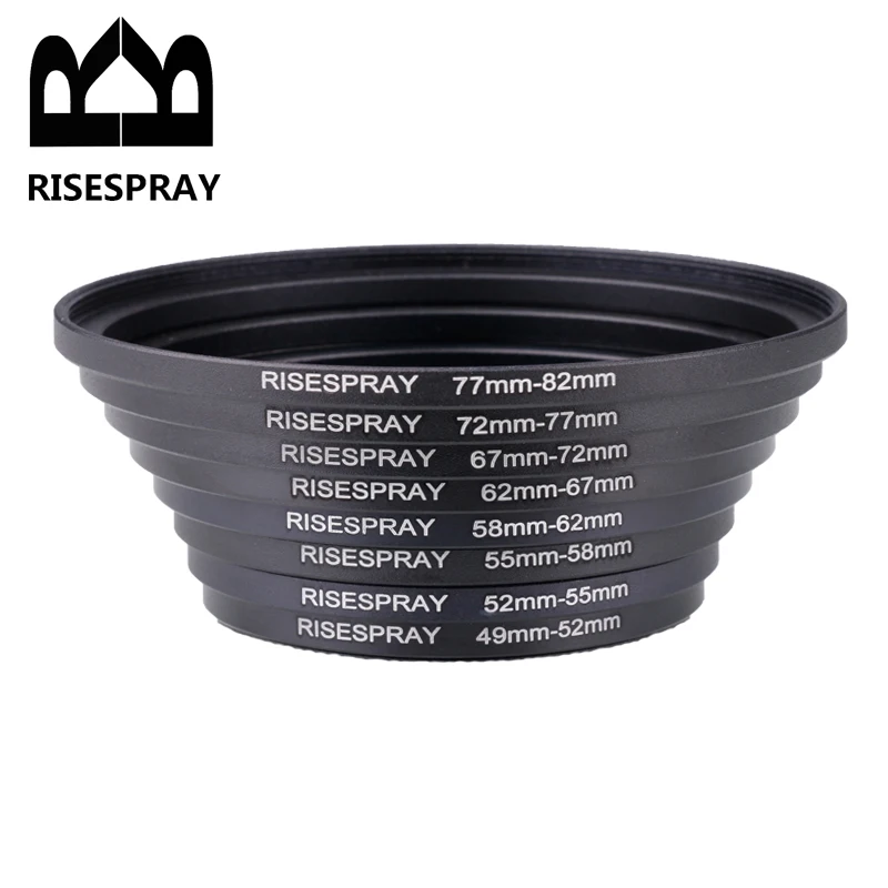 8pcs שלב סינון שלב עד מתאם 49-52-52-555-62-52-52-55-62-77-82mm שלב שלב שלב-up טבעת אנודייז עבור מכסה המנוע