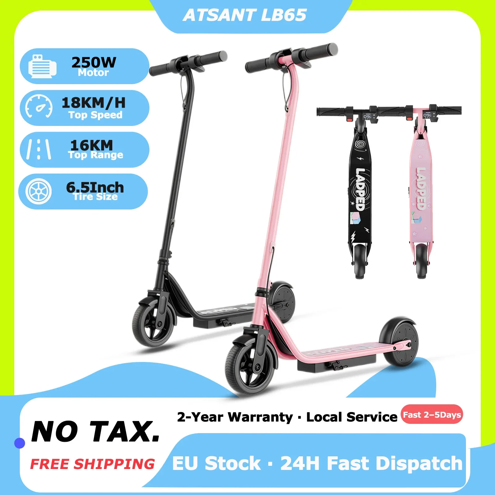 Image of 2026 Neuer ATSANT LB65 Kinder-Elektroroller 250W Spitzenmotor 18KM/H 16KM Reichweite Faltbar LED-Bildschirm Farbiges Licht E-Scooter
