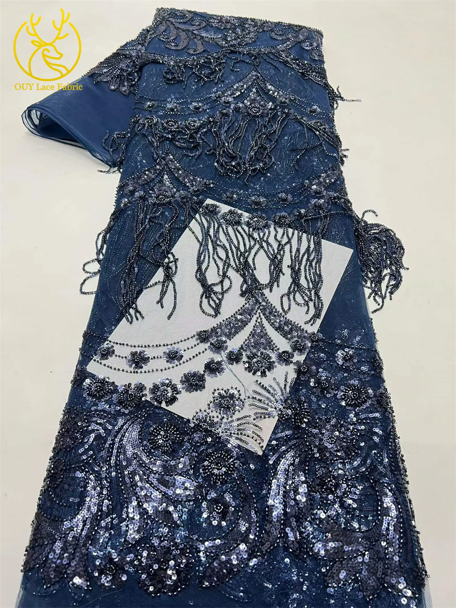 Afrikanischer 3D-Quasten-Perlen-Spitzenstoff 5 Yards Französischer Tüll Pailletten-Spitzenstoff Nigerianischer Netzspitzenstoff für Hochzeitskleider – Detail 17