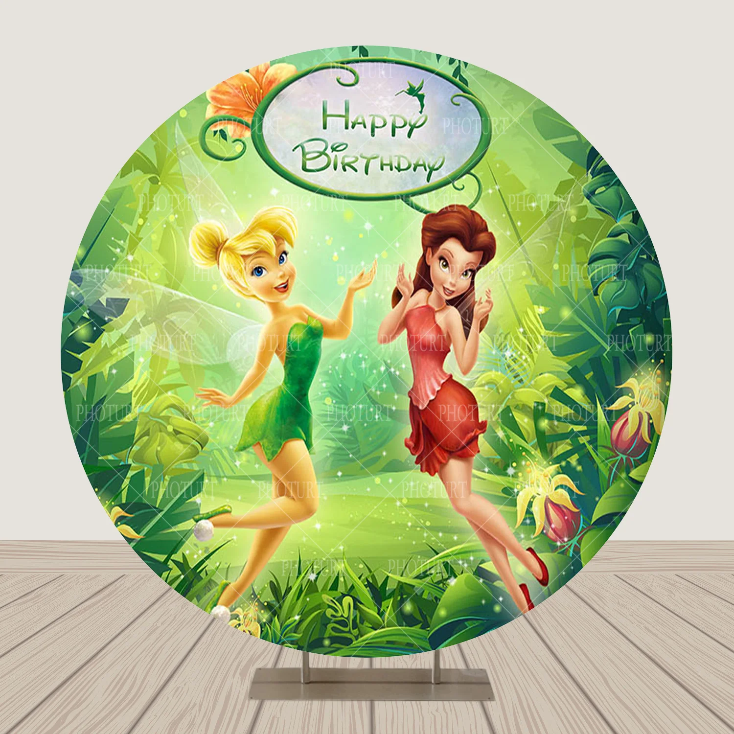 Round Tinker Bell Background Girls Birthday Party Backdrop Disney Fairy Tale Tinkerbell Circle Banner Photography Studios Props