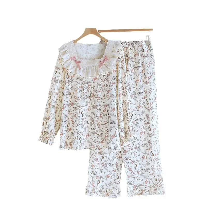 

Thin Cotton Sleepwear Clothes Cute and Sweet Lace Long Sleeved Pants Set Women's Srping and Autumn Home Clothes