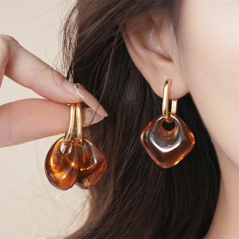 Romantic Maillard Dyeing Square/Round Pendant Ear Buckle Vintage Acrylic Irregular Geometric Hoop Earrings Party Jewelry ﻿