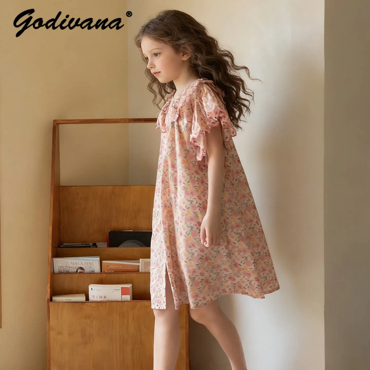 Baby Girls Summer New Short Sleeve Cotton Nightgown Toddlers Sweet Floral Breathable Loose Soft Ruffle Collar Princess Sleepwear