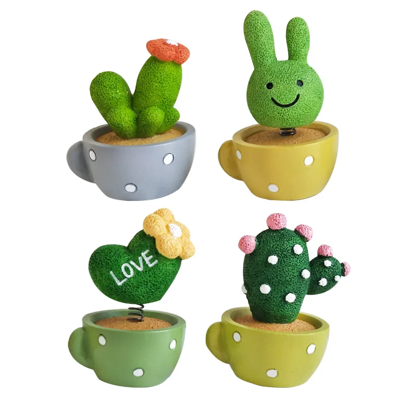 1 Set of 4 Resin Succulent Cactus Mini Green Plant Cute Shaking Head Spring Car Console Accessories Ornament Interior Decoration