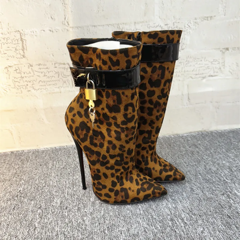 FHC 2024 New 16cm High Heels Women Leopard Short Boots,Flock Booties,Ankle Botas With Locks,Pointed Toe,Side Zip,Custom Colors