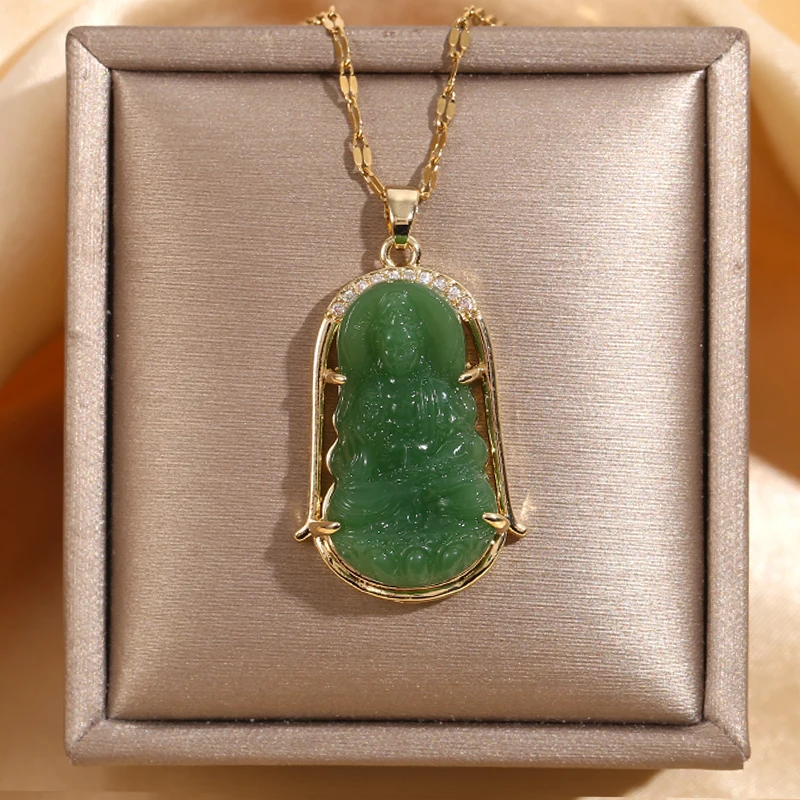 1 Piece of Chinese Ancient Style Green Imitation Jade Bodhisattva Pendant Necklace, Lucky Amulet Jewelry Accessories Gift