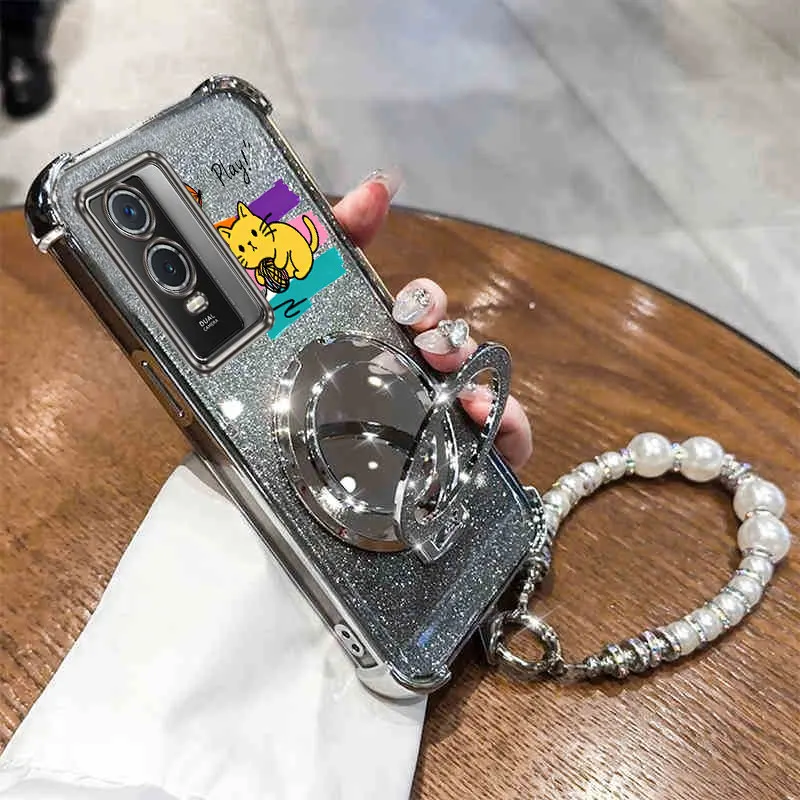 Glitzernde Glückskatzen-Handyhülle mit Trageriemen für Vivo Y76 Y72 Y51 Y36 Y35 Y33S Y21S Y33T Y28 Y27 Y22 Y21 Y17S Y16 Y15S 4G 5G Cover