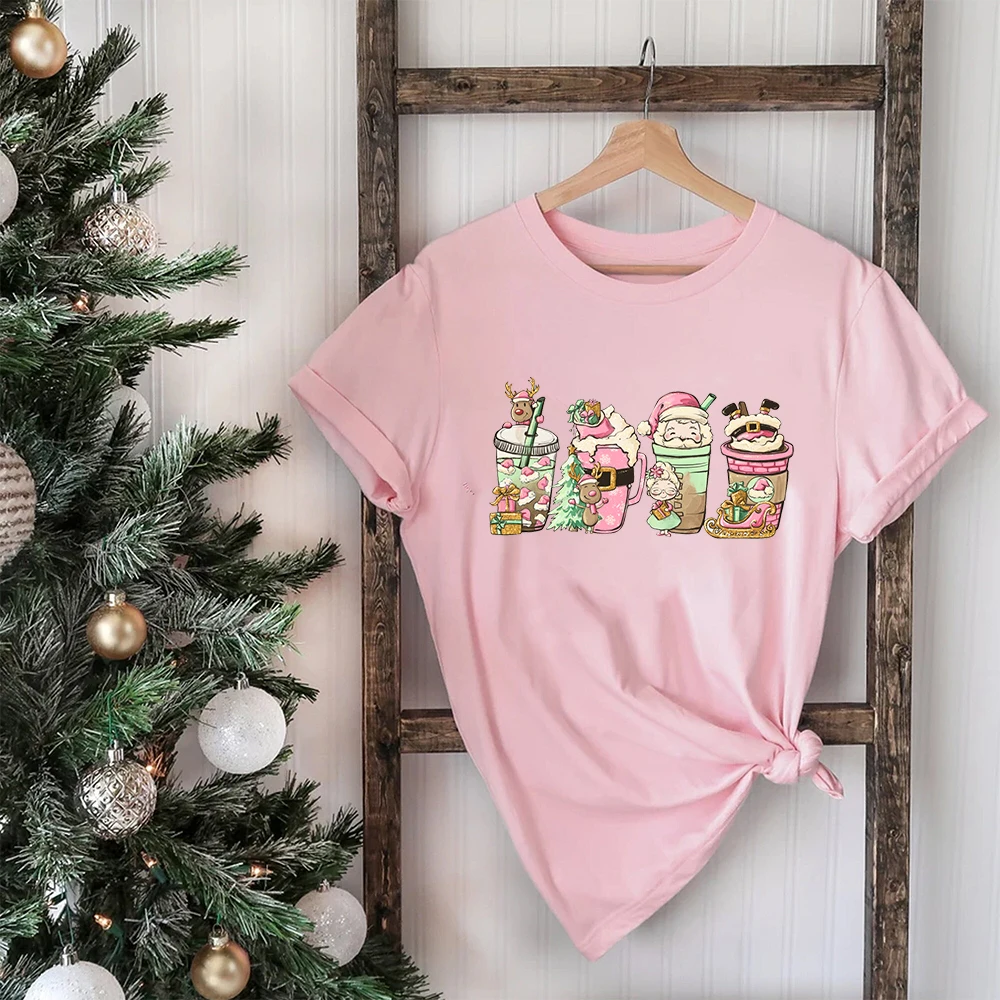 Retro Pink Santa Christmas Women Shirt Vintage Holiday Shirt Christmas Pink Latte Drink Shirts Women Graphic Tshirt Gift for Her