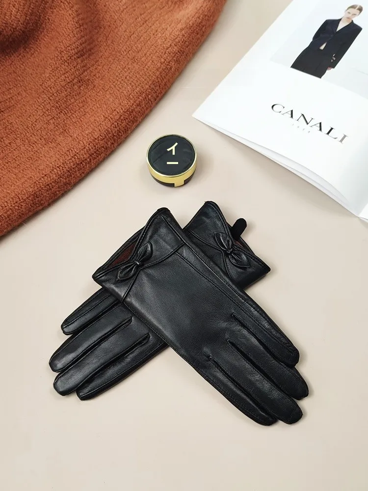 2025年新作-レディース-本革グローブ-暖かい羊革-タッチスクリーン対応-フリース-サイクリング-ドライブ-秋冬-指なしグローブ