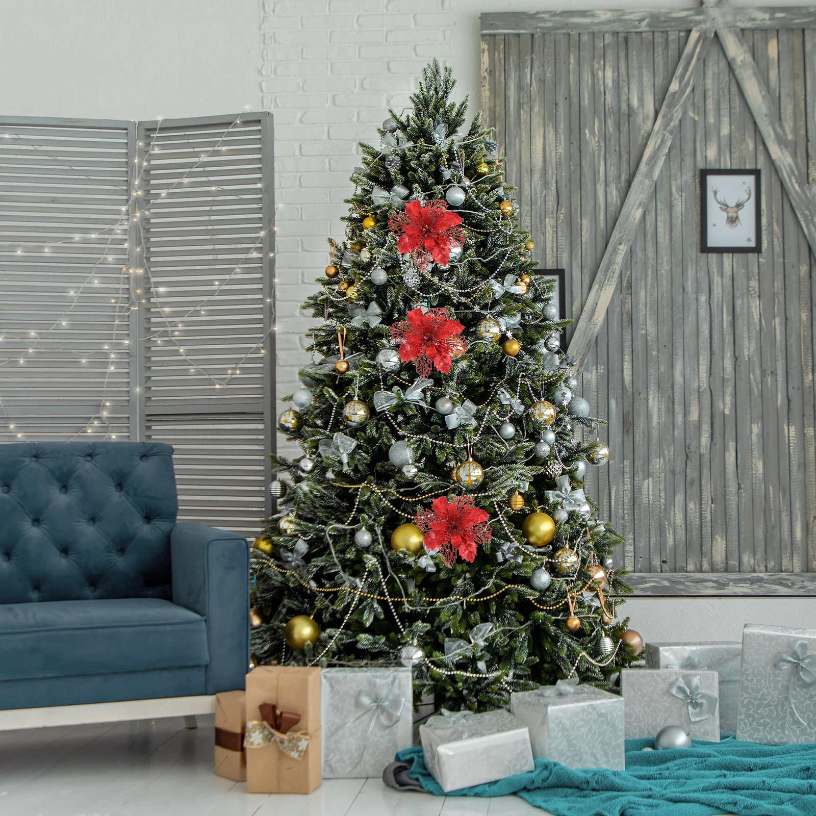 

6Pcs Glittered Artificial Red Poinsettia Flowers Christmas Tree Door Window Decorations Xmas Floral Ornaments Holiday Fake