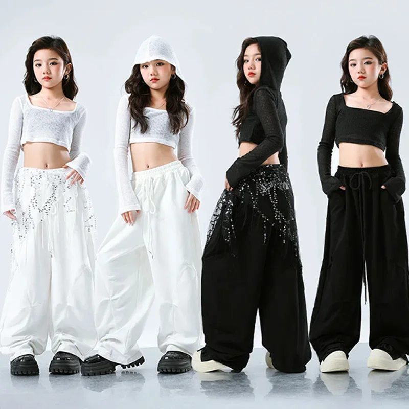 

Children Kpop Stage Outfit Girl Jazz Dance Clothing Fashion Tops Hoodie White Shuffle Pants Hip Hop Street Dance Costume