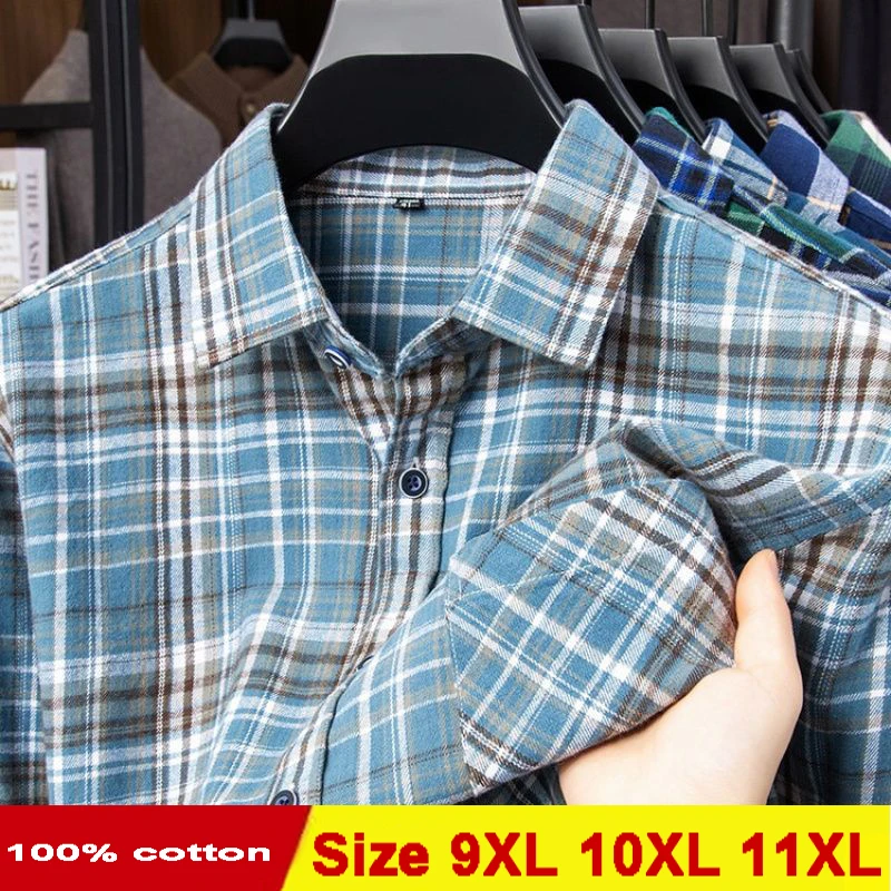 Oversize 11XL 10XL 9XL Plaid Flannel Shirts For Men Long Sleeve Cotton Fashion Casual Soft Standard-Fit Man Shirt Blouse Clothes