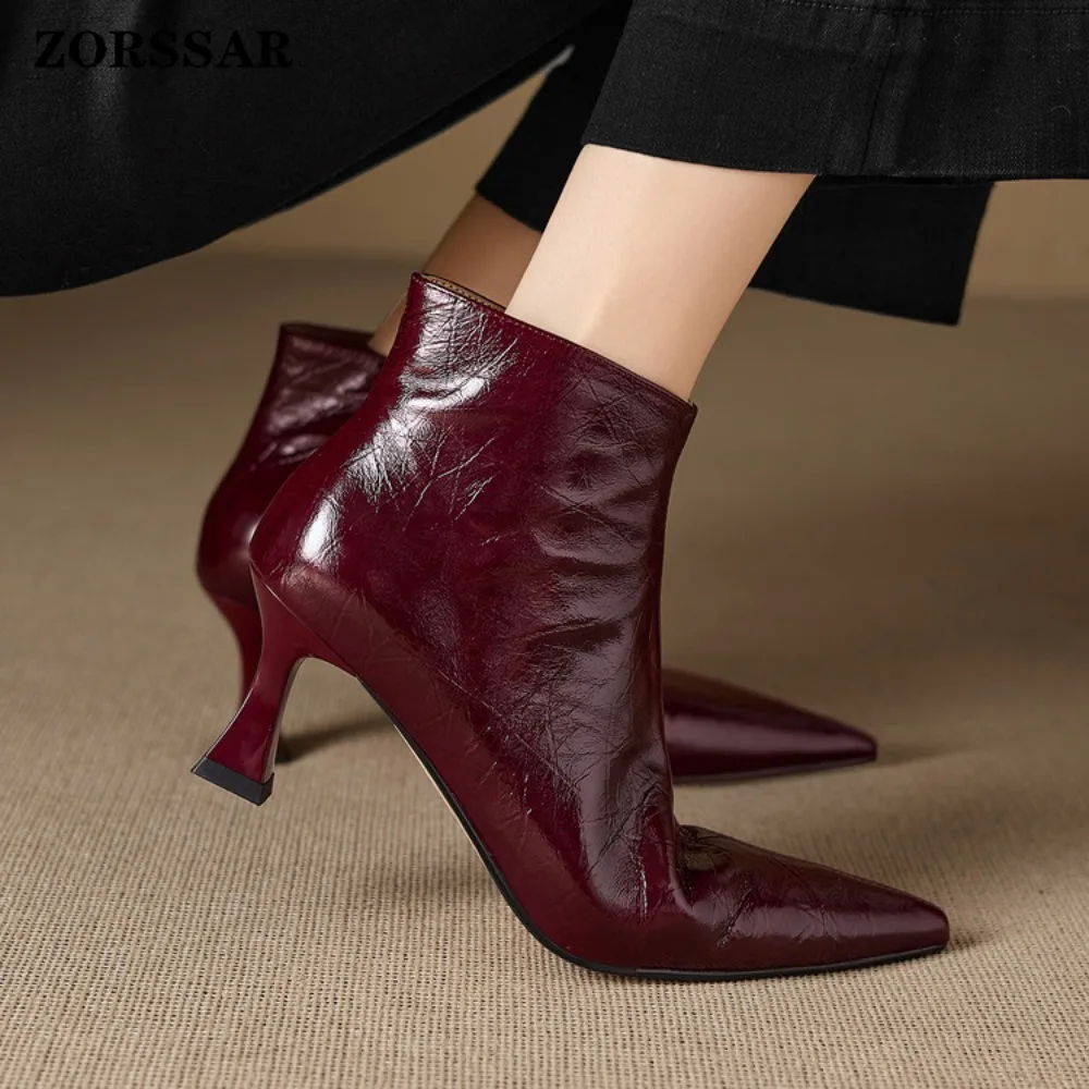 Genuine Leather Pointed Toe Zipper Stiletto Heels Retro Modern Boots Warm Winter Shoes Dating Concise Brand Ins Ankle Boots