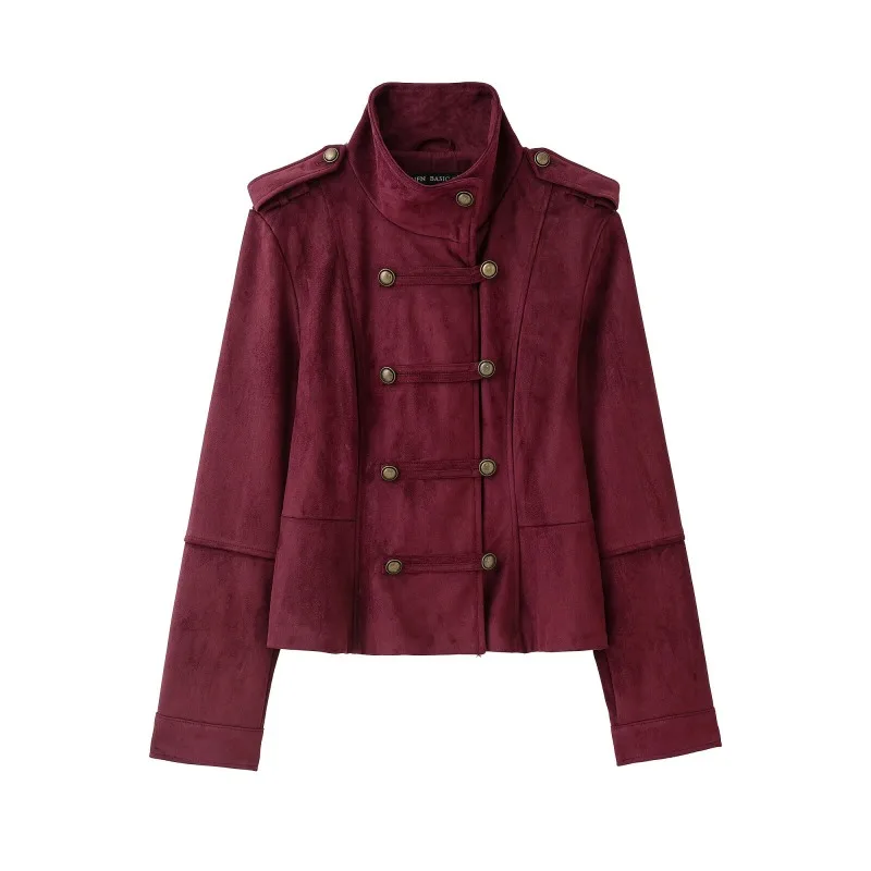 Women Wine Red Faux Suede Short Jacket Autumn Winter Stand Collar Epaulet Double‑Breasted Vintage Military Style Outerwear