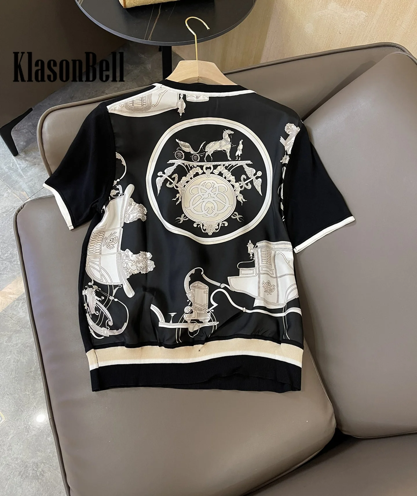 3.16 KlasonBell Casual Fashion Horse Animal Print Patchwork Knit Cotton O-Neck Short Sleeve Tee Women Clothes