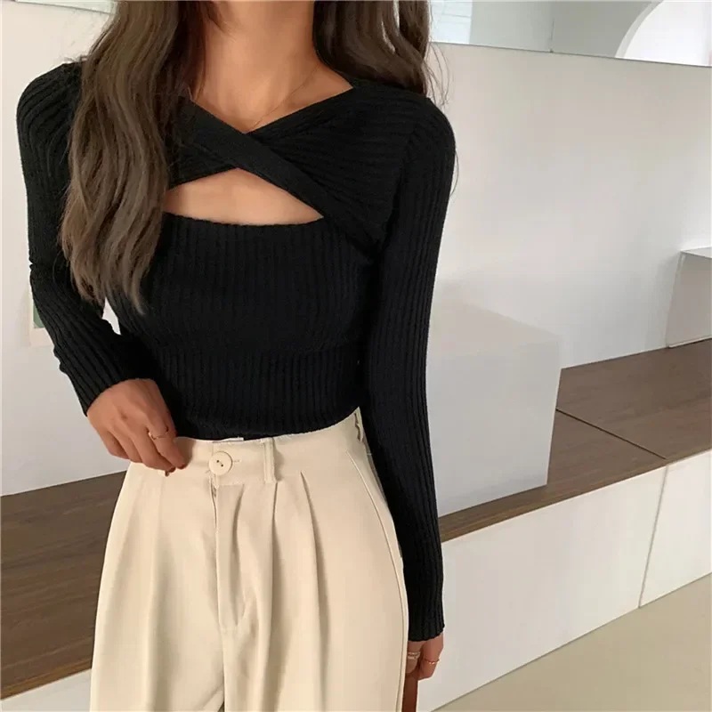 Hollow out Long sleeve Knit Sweater Women clothes Autumn 2023 New Casual Retro Simple Slim fit Twist Pullovers Top