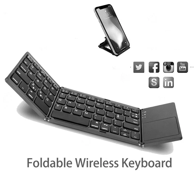 BOW Foldable Wireless Mobile Phone Keyboard Ultra Slim Touchpad Bluetooth Keyboard Rechargeable Folding Keyboard