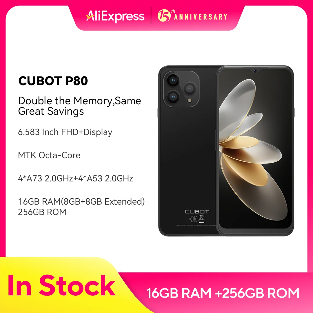 Cubot P80, smartphone android 13, version globale, 16Go de RAM (8Go + 8Go étendus), 256Go de ROM, NFC, écran FHD+ de 6,583", 5200 mAh, 48MP Camera, Dual SIM phone, telephone portable neuf, Galileo, GPS, OTG