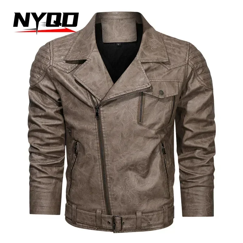 Autumn and Winter Men's Leather Jacket Racing Motorcycle Electric Bicycle Big Collar High-end LeatherCoatChaqueta de motocicleta