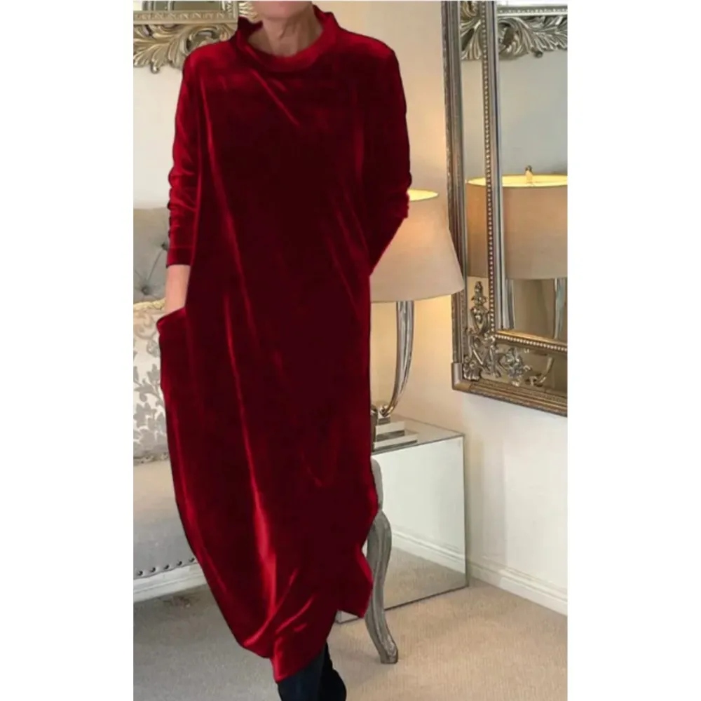 2025 Spring New Round Neck Long Dress Women Elegant Pocket Splicing Pullover Maxi Dress Street Wear Ladies Solid Color Vestidos