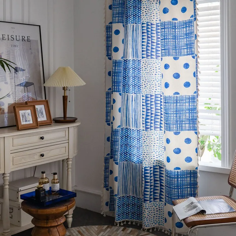Blue Geometric Dots Tassels Curtain Thick Blackout Curtains for Living Room Bohemian Countryside Vintage Drape Kitchen Valance