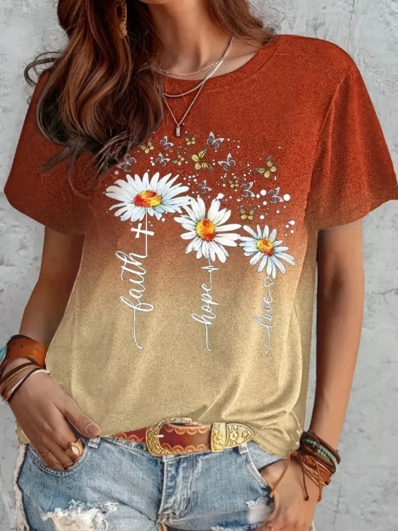 Fashion Gradient Harajuku Women's T Shirts Funny 3D Flower Print T-Shirts Casual O-neck Short Sleeve Tops Summer Loose Girl Tees