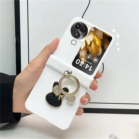 Korean Cute 3D Bunny Rabbit Glitter Bear Ring Solid White Case for OPPO Find N3 FLIP findn3 Find N3 Flip Find N2 Flip Cover