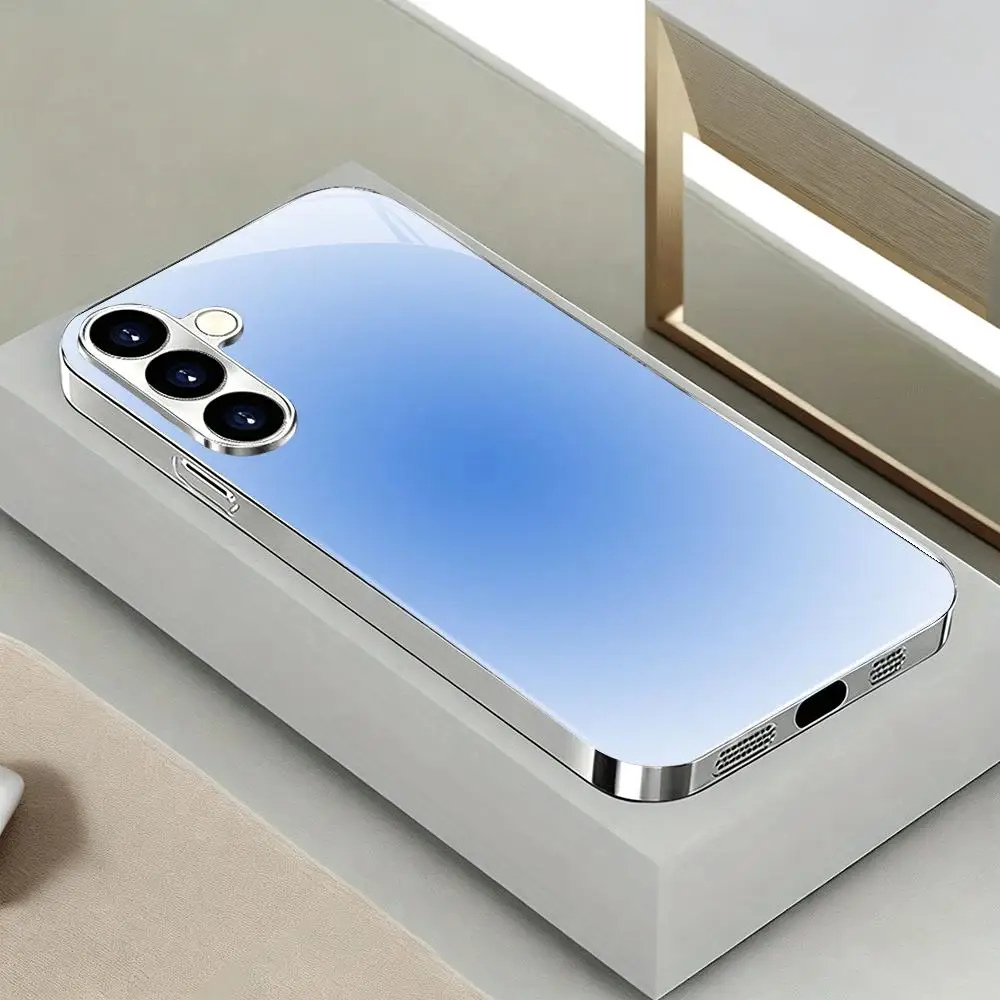 Blue Gradient Glass Protective Case For Samsung Galaxy S26 S25 Ultra S24 S23 S22 Plus FE Anti‑Drop Anti‑Scratch Hard Phone Cover