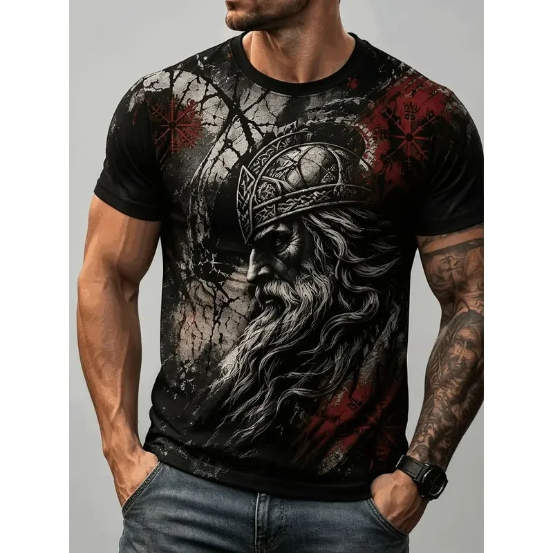 Men Black Vintage Viking Warrior Graphic T Shirt Norse Rune Cracked Texture Front Print Crew Neck Short Sleeve Gothic