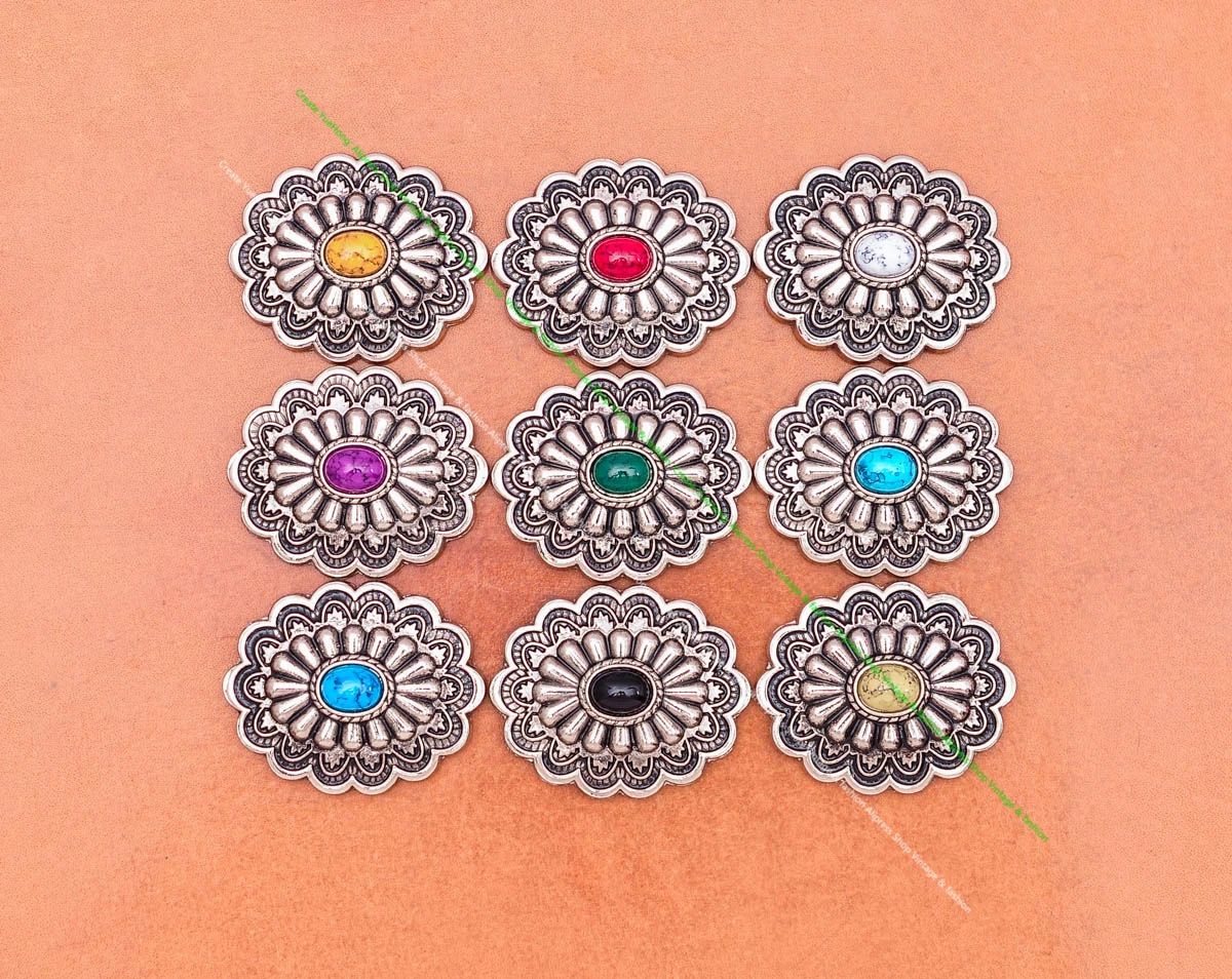 35*28MM Antik Silber Ethnische Indische Blumenkunst Himmelblau Türkis Concho Screwback Für Lederhandwerk Gürteltasche Hut Hardware – Detail 29