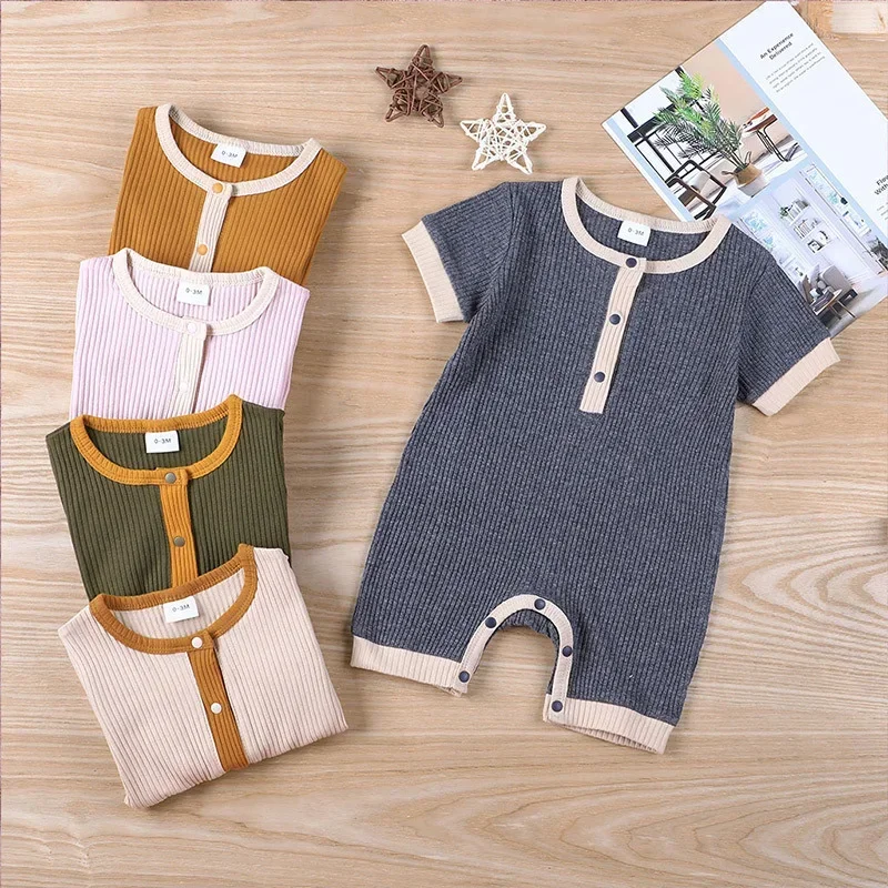 

3-18M Unisex Baby Summer Romper - Cotton Linen Short-Sleeve Solid Color Newborn Outfit