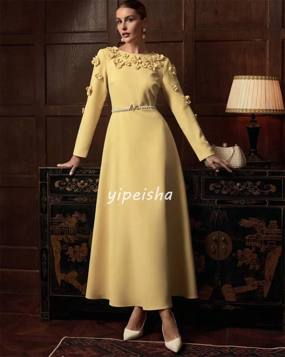 ที่กําหนดเองสไตล์โมเดิร์นจับคู่ Jersey Handmade ดอกไม้ Sash A-Line Scoop คอข้อเท้าความยาวชุด Bespoke โอกาสชุด