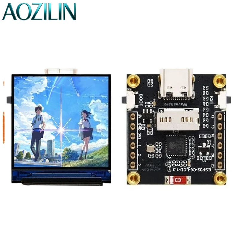 AOZILIN ESP32-C6 Development Board 1.3 Inch LCD Display TF SD Slot WiFi6 BLE LVGL Graphic Programming IoT Controller Module
