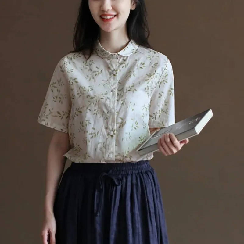 

Women's Summer New Vintage Floral Print Shirt Loose Literary Peter Pan Collar Blouse
