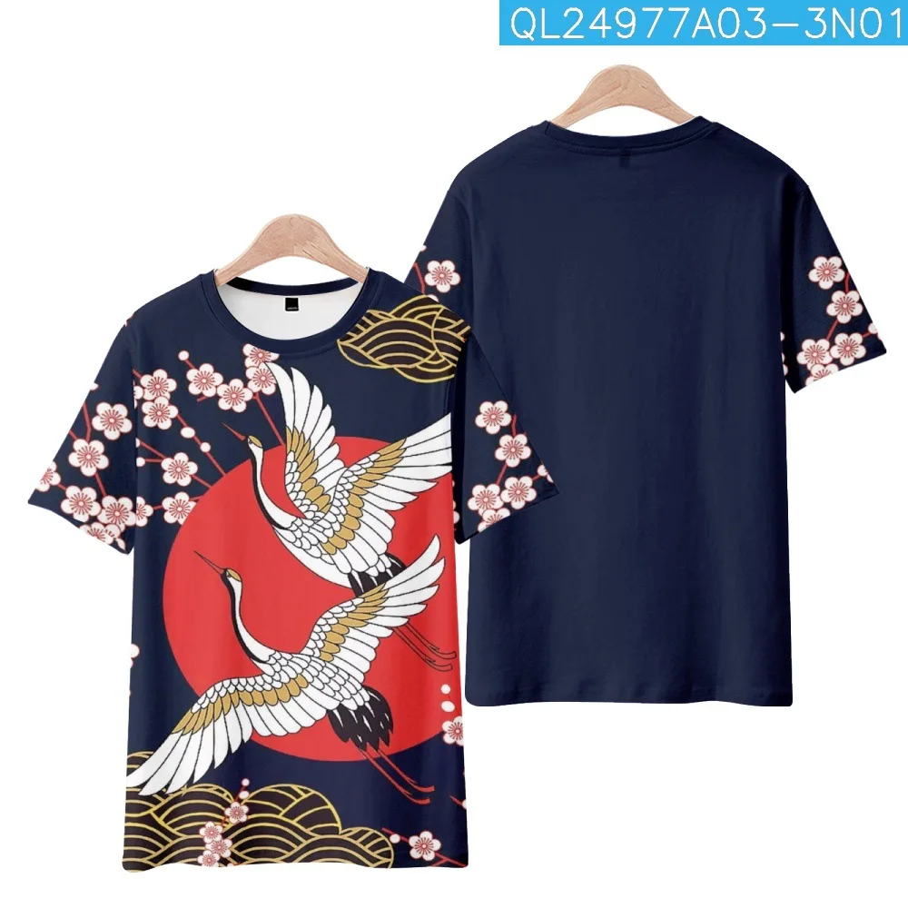 Summer Fashion Crane Floral Printed Short Sleeve O-Neck T-Shirt Men Women Casual Streetwear Versatile Hip Hop Top Tees