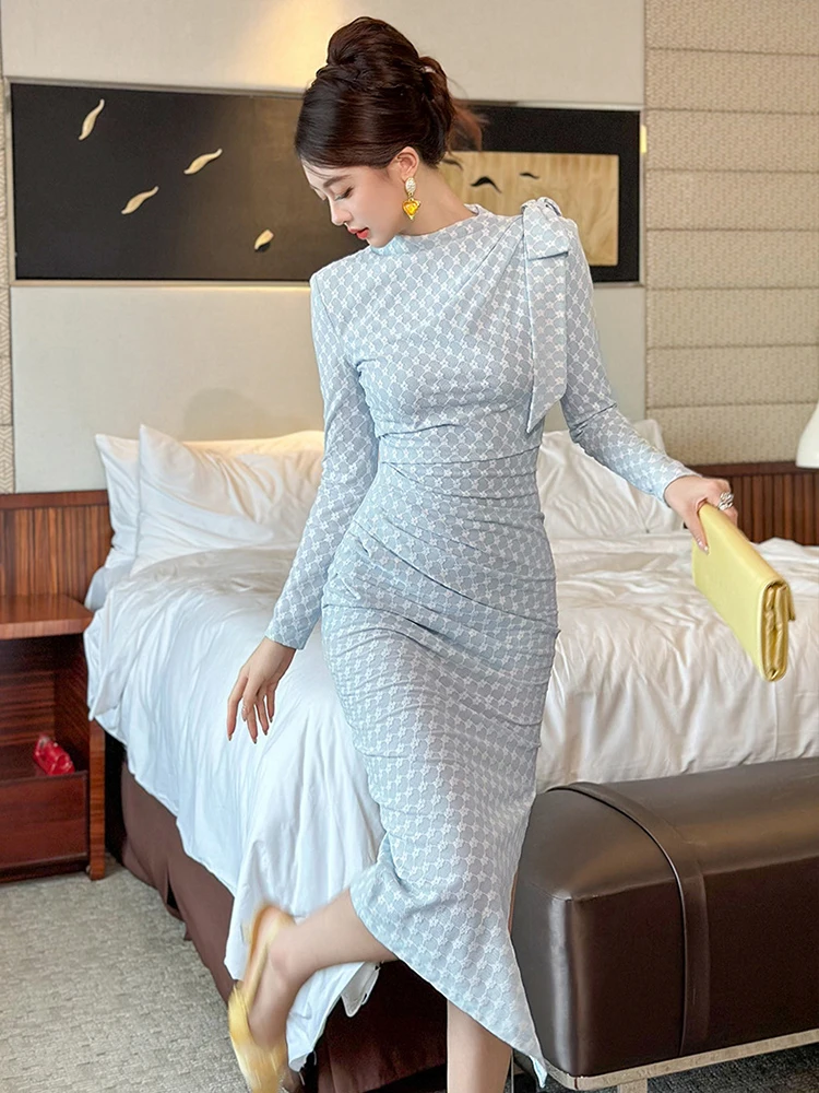 블루 플로럴 플래드 보우 롱 슬리브 슬림 펜슬 드레스 스윗 패션 여성 우아한 레이디 파티 프롬 베스티도스 로브 봄 가을 신상