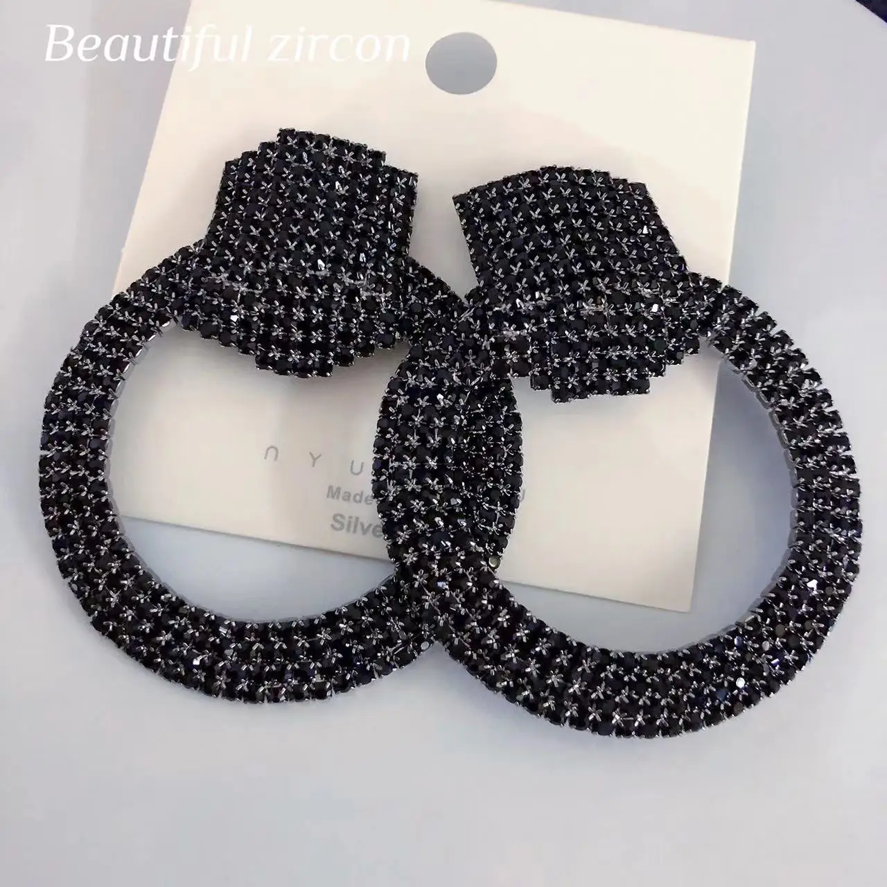 Women\'s fashion shiny Rhinestone Large Circle Pendant Earrings Jewelry statement black crystal earrings jewelry accessories whol