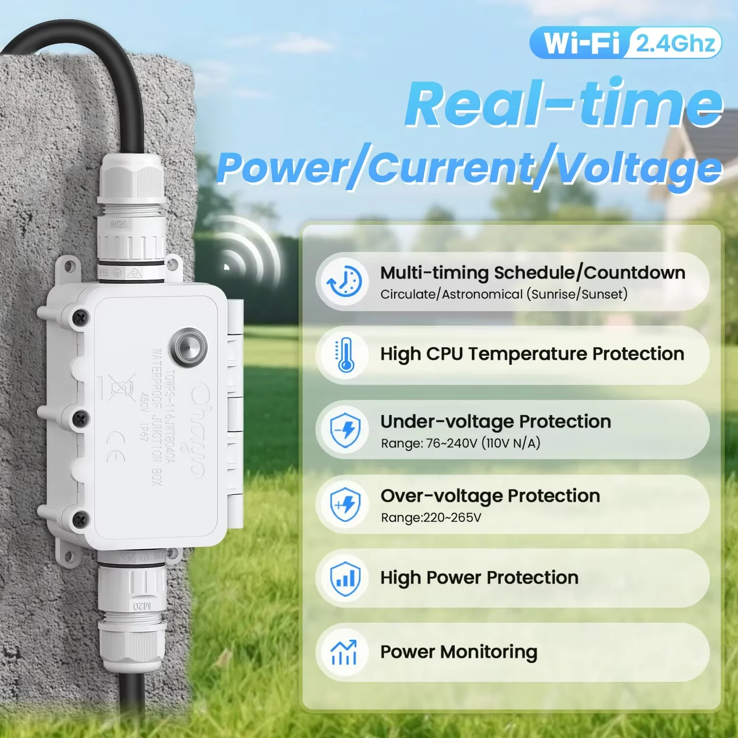 Tuya chayo WiFi Smart IP67 Waterproof Switch - Power Display, 1-16A Adjustable, Timer, Voltage & Current Protection