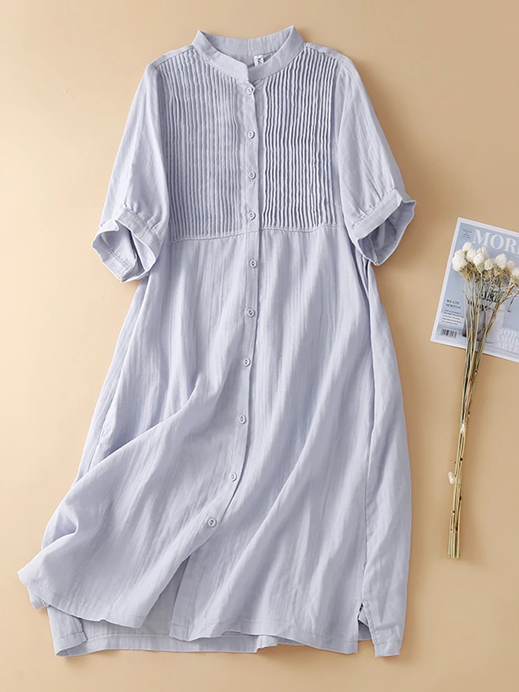 Women Cotton Dress 2024 New Summer Organ Pleats Short Sleeve Mini Dresses Patchwork Pleated Shirt Dress Vestido De Festa