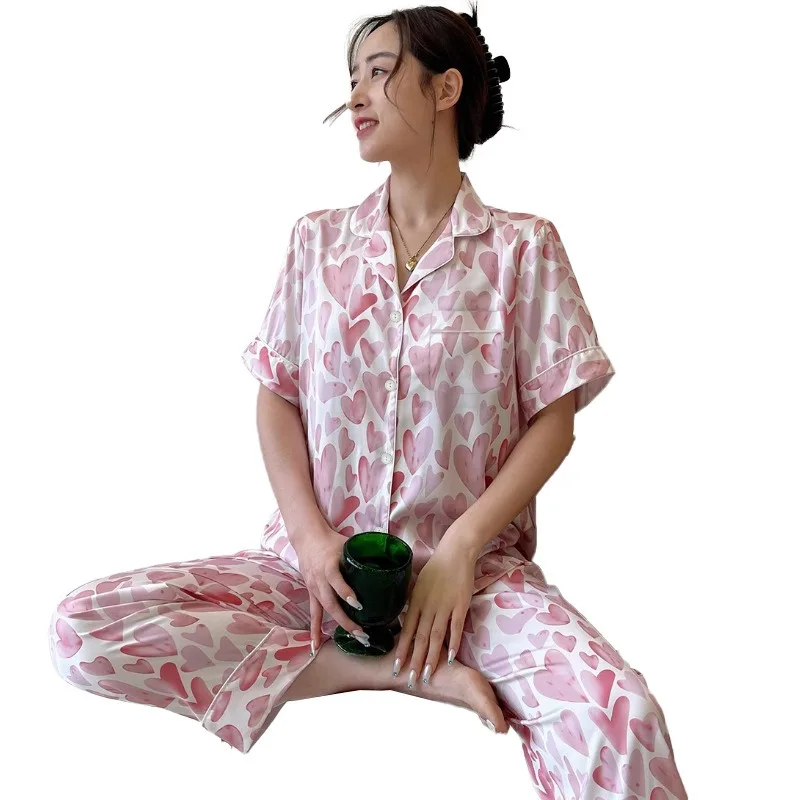 Spring Summer New Pajamas Satin Silk Cool Short Sleeves Long Pants Love Heart Thin Sleepwear Women Pijamas Girl Womens Pyjamas