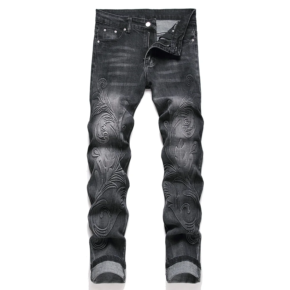 Men's Embossed Slim Tapered Jeans Flower Floral Pattern Stretch Pants Fashion Trousers Black Blue