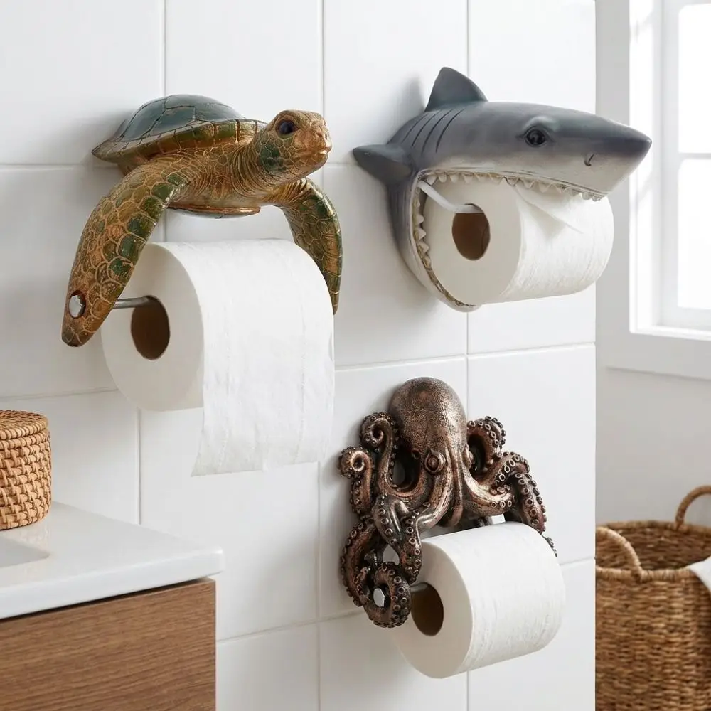Resin Sea Turtle Toilet Paper Holder Cute Coastal Style Wall Mount Tissue Rack Beach Themed Marine Animal Bathroom Tissue Holder