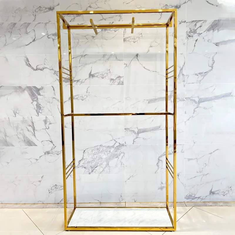 custom.Boutique Clothing Store Shelves Stainless Steel Gold Clothing Shelf Display Rack 2 Layers Garment Display Stand
