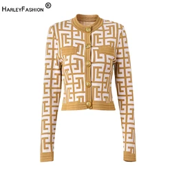 New Design Khaki Geometrical Pattern Long Sleeve Casual Women Sweater Cardigans Knitting Tops