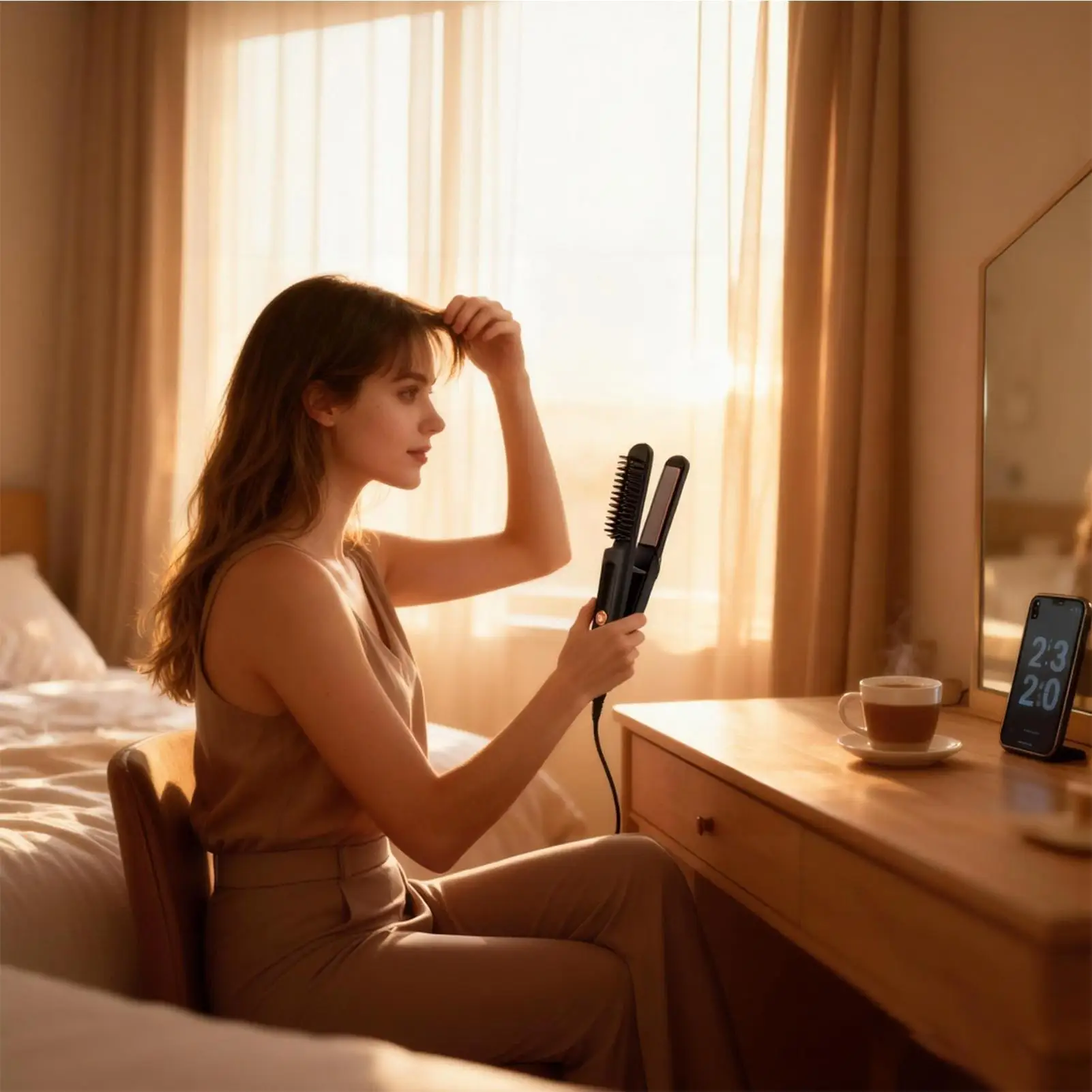 

Hair Straighteners For Women 2-in-1 Rechargeable Curler Brush With LED Display 3 Temperature Settings Travel Hair Straightener