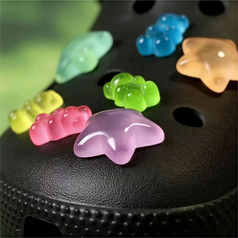 14pcs Kids Glow-in-the-Dark Star & Bear Shoe Charms DIY Hole Shoe Buckles Fun Party Accessory Set for Girls Easy Install