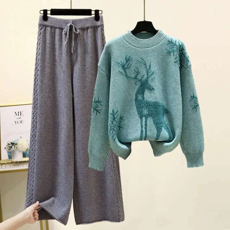 Set of Two Fashion Pieces for Women Long Sleeve Printing Pullover All-match Knitted High Waist Wide-leg Pants Women Knitted Suit