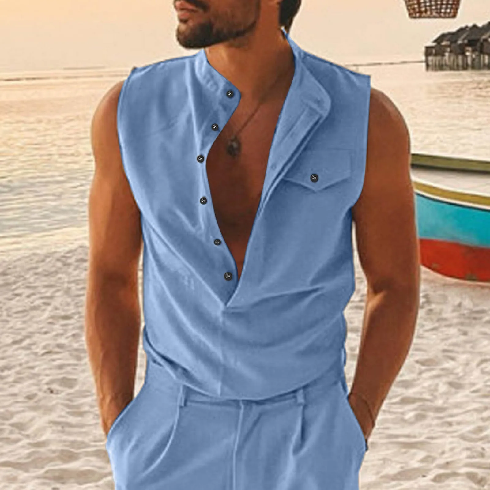 Vintage Linen Hooded Shirts Tops Men Sleeveless V-neck Loose Tank Blouse Summer New Male Fashion Hoodid Tshirts Vest Streetwear