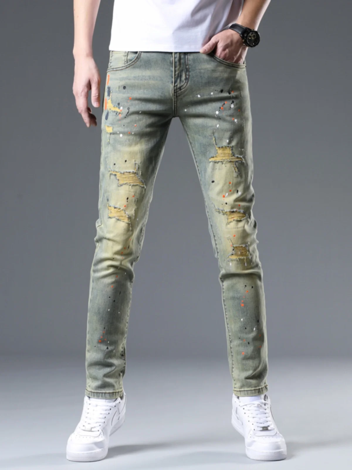 

Мужские ретро-джинсы с высокой талией, облегающие, из хлопка, эластичные, повседневные, длинные брюки, летние, модные, брендовые, с дырками, универсальные, молодежные, стильные