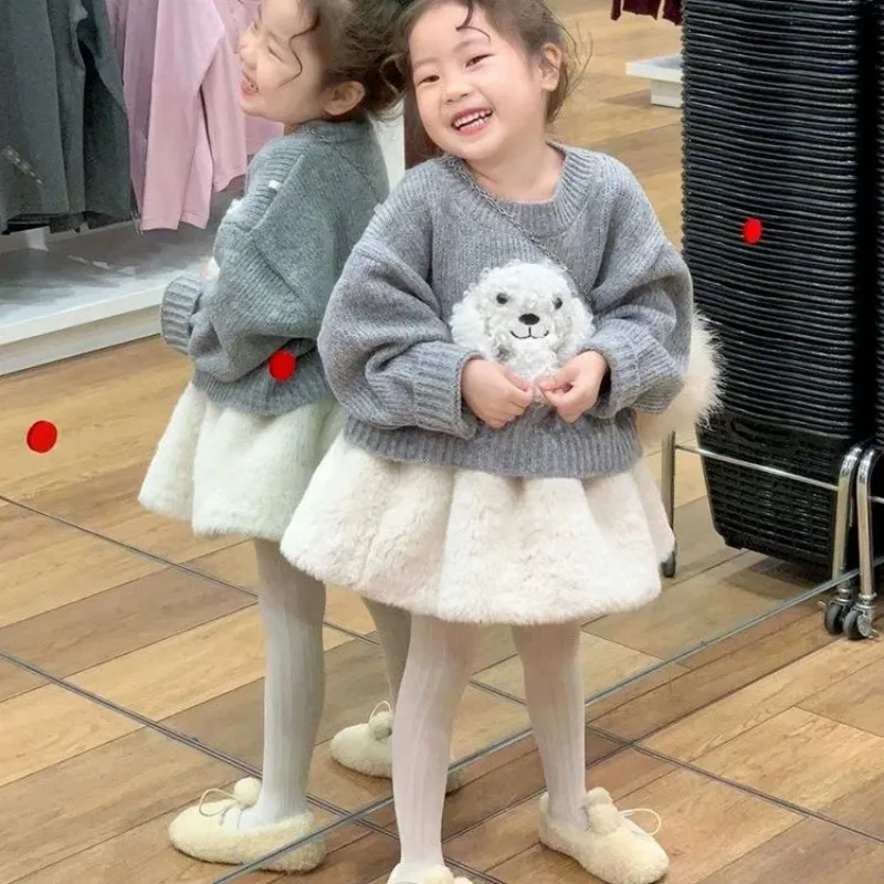 

Children's Baby Cartoon Knitted Sweater+Lamb Hair Short Skirt 2-piece Set Girl's 3D Dog Sweater Set Autumn/Winter New Style